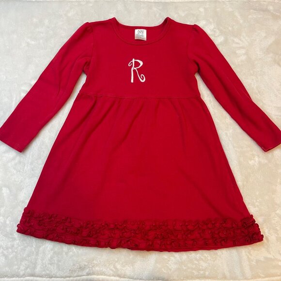 ARB Blanks "R" Monogrammed Knit Dress Girls Size 8 Red Long Sleeve Ruffle Hem - Picture 6 of 9